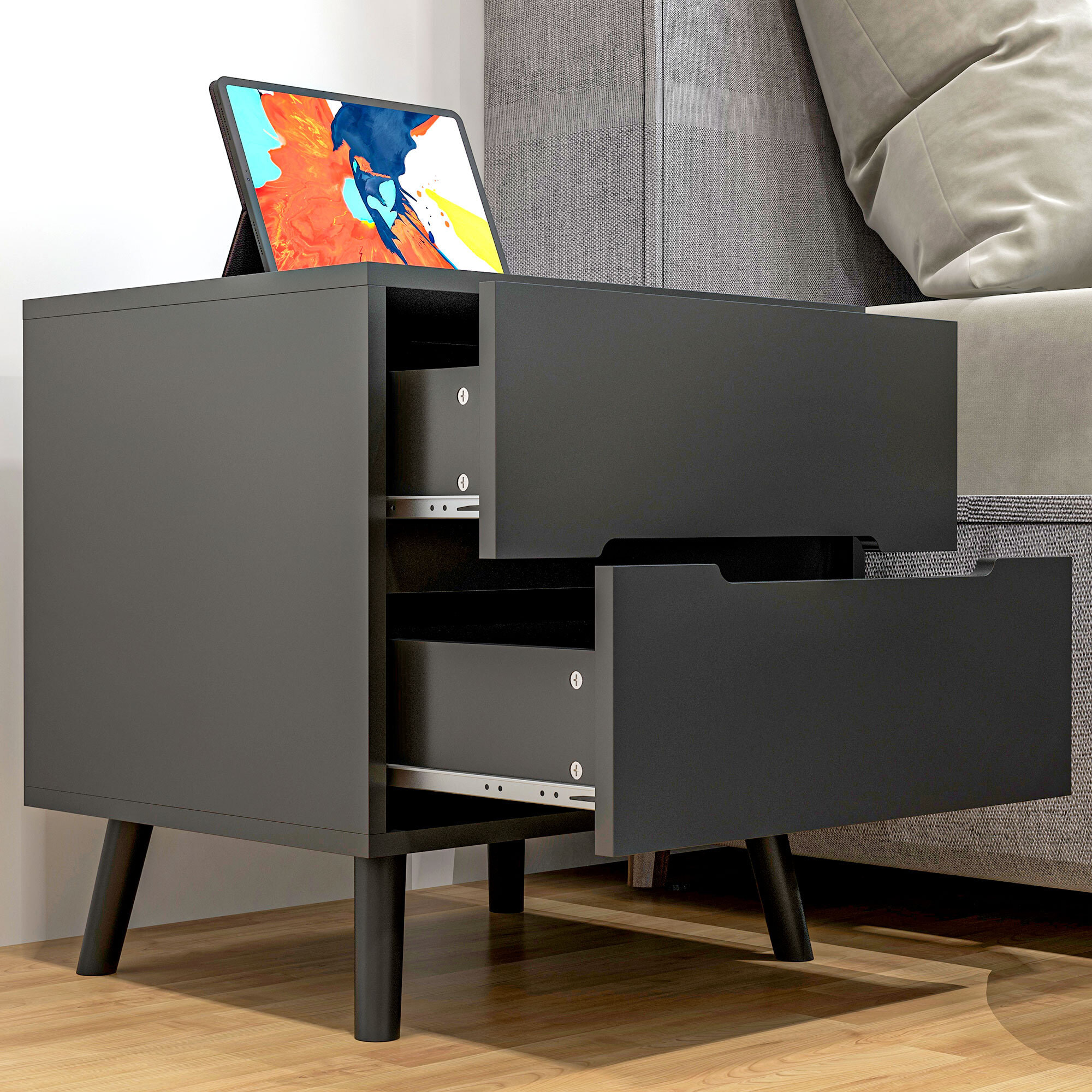 Chevet 2 tiroirs table de nuit style nordique dim. 50 x 40 x 50,5 cm noir
