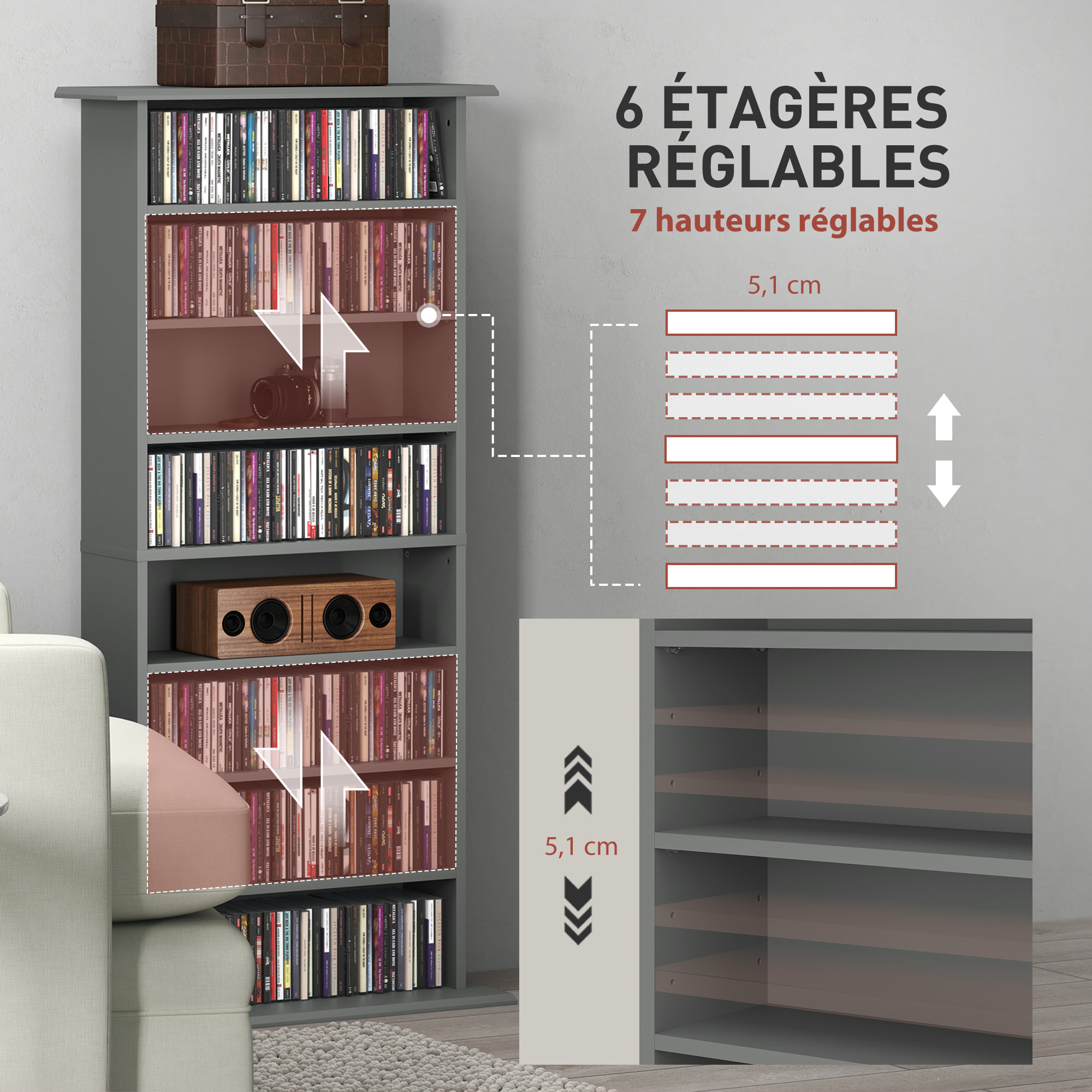 Étagère range CD - meuble rangement CD DVD - 8 compartiments, 6 étagères réglables - max 360 CD/185 DVD - gris