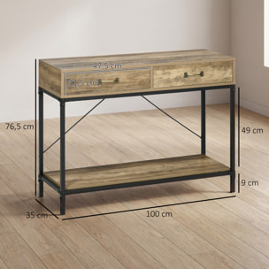 Mesa de Consola Industrial, Mesa de Sofá con 2 Cajones y Estante, Consola para Recibidor con Patas de Metal, para Salón, Pasillo, Entrada, Marrón y Negro