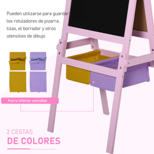 Pizarra Infantil Caballete 3 en 1 Pizarra de Doble Cara Caballete para Niños de +3 Años con Rollo de Papel y 2 Cestas de Almacenamiento 58,5x50,5x118 cm Rosa