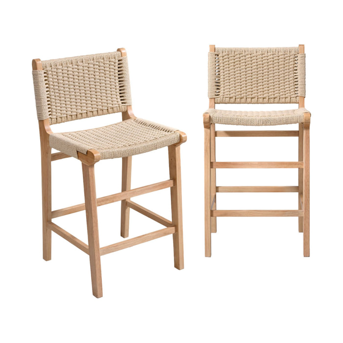 Tabouret de bar bois d'hévéa et assise en cordes 64cm (lot de 2) JOY