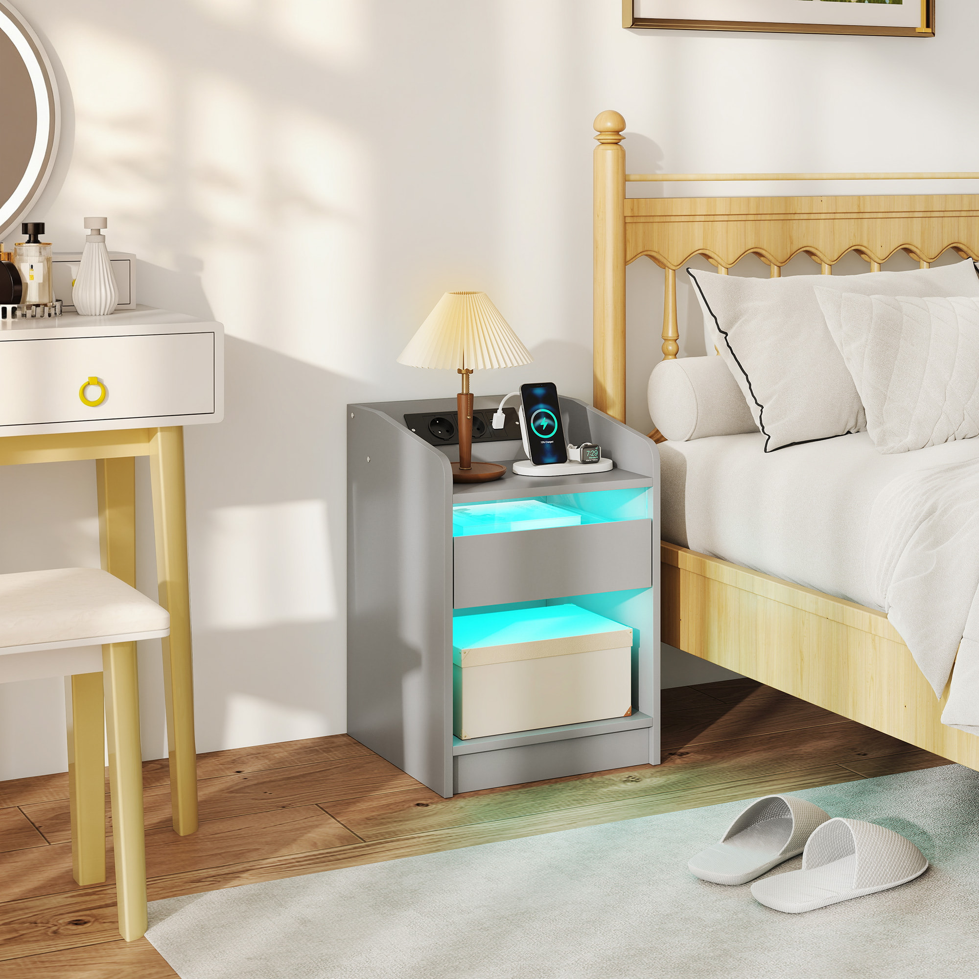 Mesita de Noche con Estación de Carga y Luz LED RGB, Mesilla de Noche Dormitorio con Cajón, Estante Abierto, Puertos USB y Control Remoto, para Salón, Estudio, 40x40x58 cm, Gris