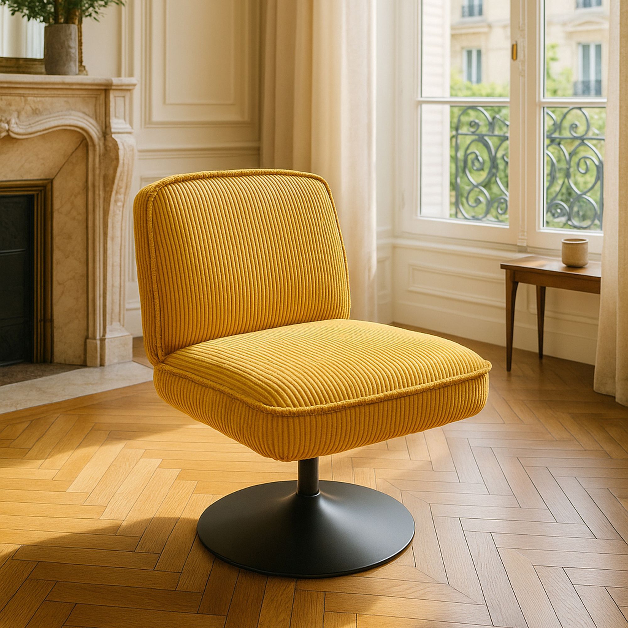 Fauteuil pivotant en velours jaune et pied en métal noir FUNKY