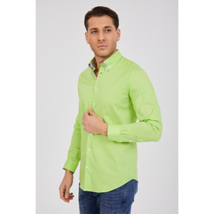 Camicia Uomo 1 Bottone Button Down Doppio Collo Piccolo Popeline Stretch Unito Verde Chiaro