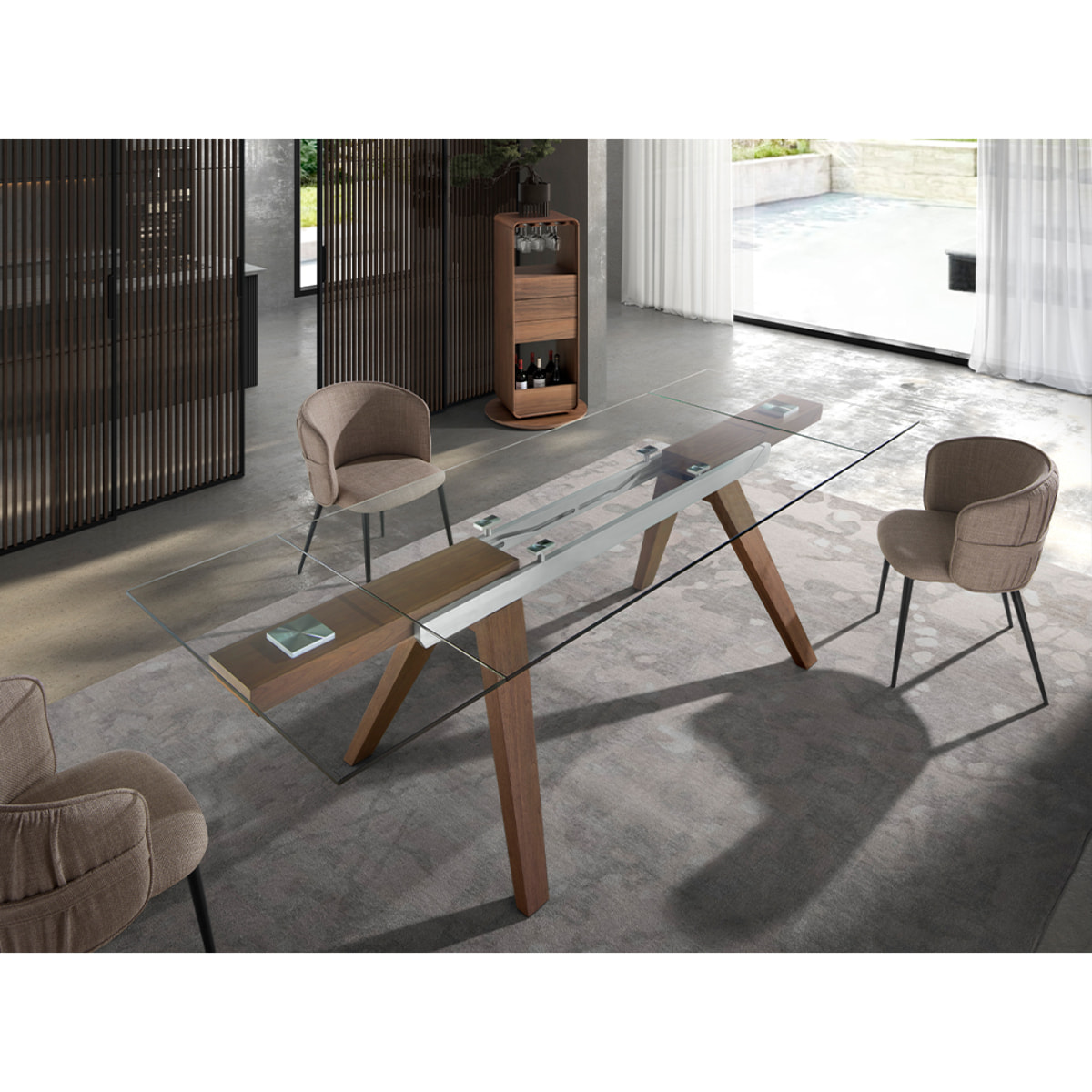 Mesa comedor extensible rectangular con tapa de cristal templado 180x100x76cm