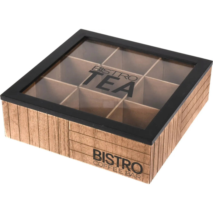 Well home caja de té de 9 compartimentos con tapa de vidrio color negro