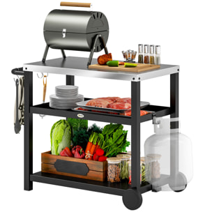 Carrito de Parrilla de 3 Niveles Carrito de Barbacoa Carro de Servicio con 2 Ruedas Estantes Encimera de Acero Inoxidable y Asa Mesa de Horno de Pizza para Jardín Patio Gris Carbón
