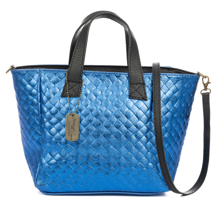 Cassandra borsa tote donna. Pelle autentica Camoscio con incisione intrecciata e laccato lucido.