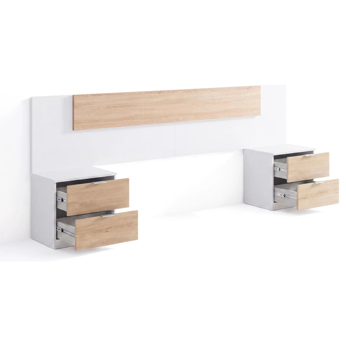 Cabecero para cama de 135-150 cm y 2 mesitas con cajones en blanco artik y roble canadian Akari Blanco Artik (Blanco Mate) - Roble Canadian