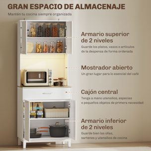 Alacena de Cocina con Luces LED y Estación de Carga, Control por APP, Mueble Auxiliar de Cocina con 4 Puertas, Cajón, Encimera Abierta para Microondas, Estantes Ajustables, 71x40x180 cm, Blanco