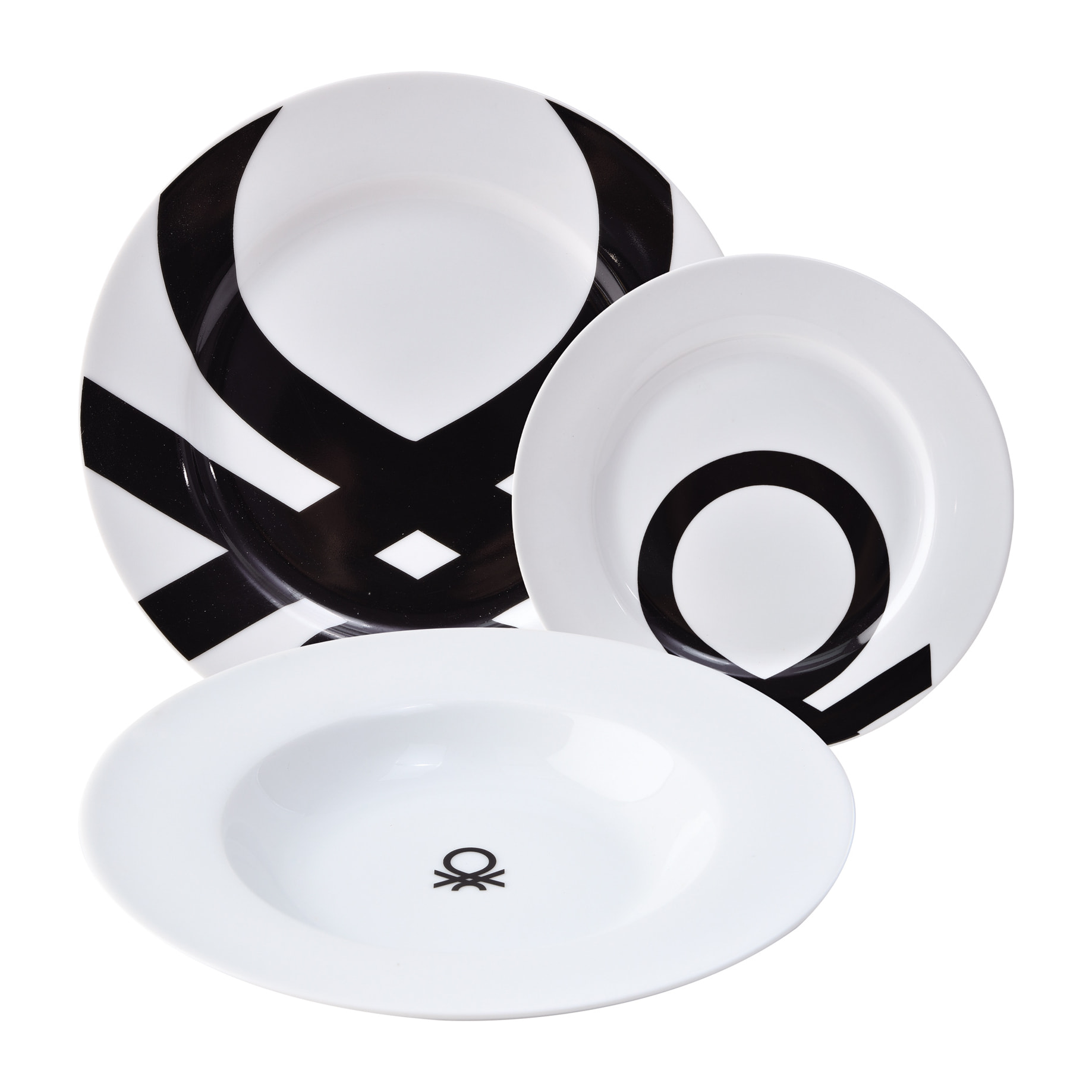 Set 18pcs vajilla porcelana diseño logo estampado negro  benetton