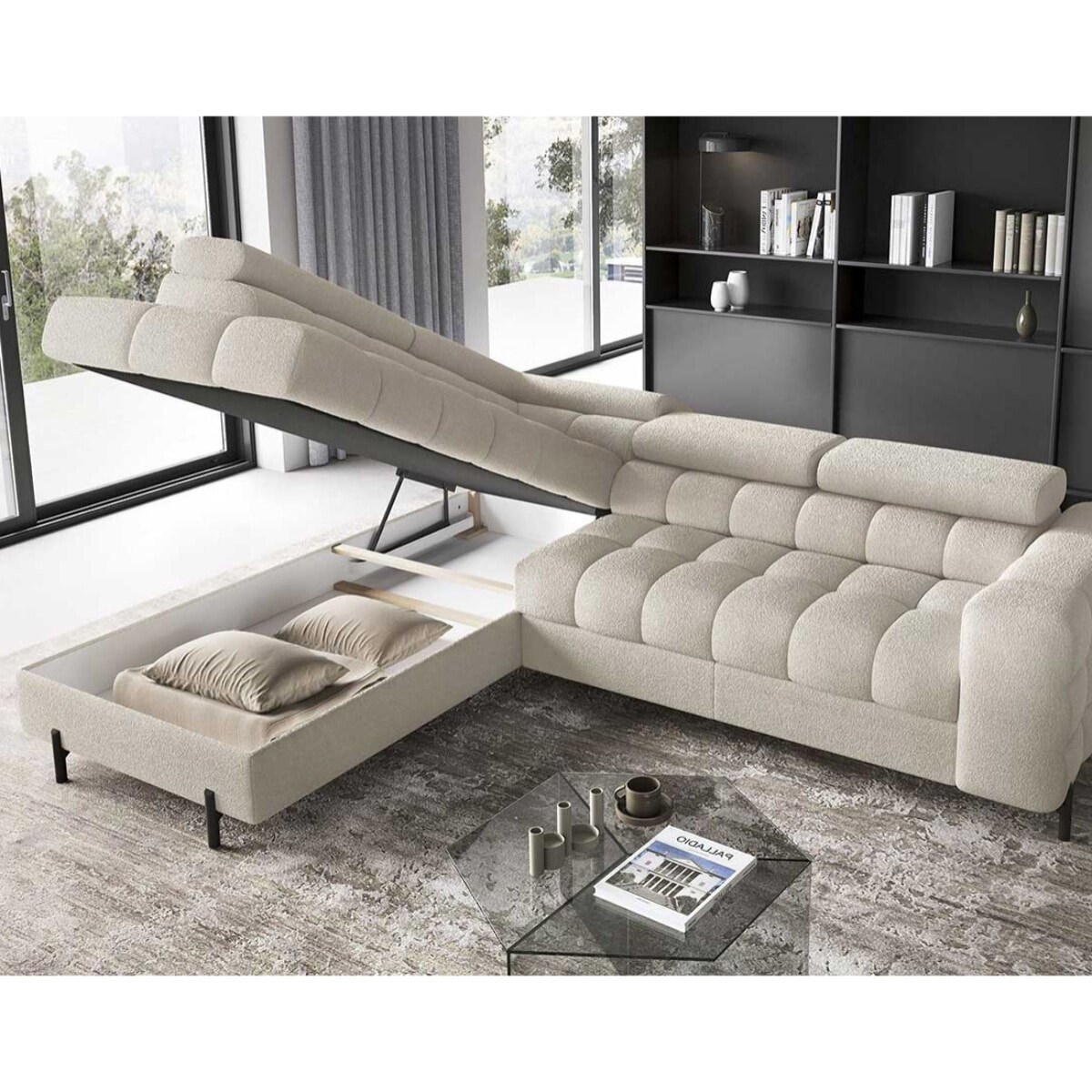 Elisa - canapé d'angle gauche 5 places convertible avec coffre et têtières réglables en tissu bouclette - Beige