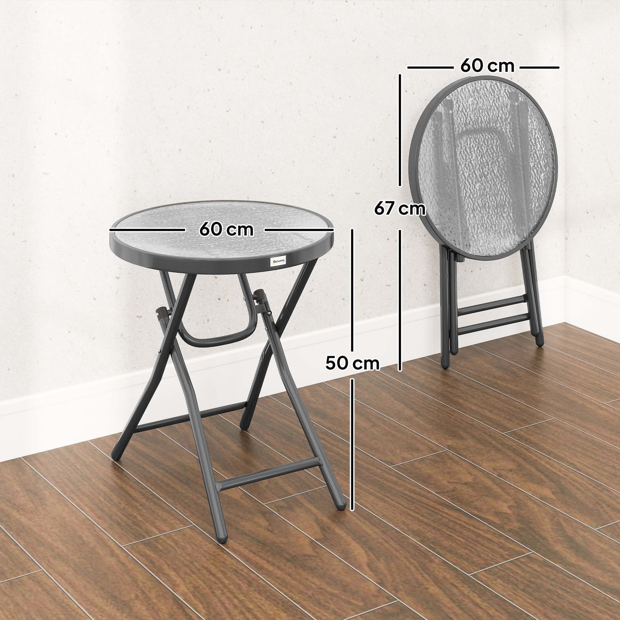 Table basse carrée bistro de jardin dia. 60 x 50 cm pliable métal époxy noir plateau verre trempé