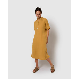 Vestido midi manga fluida muselina ocre
