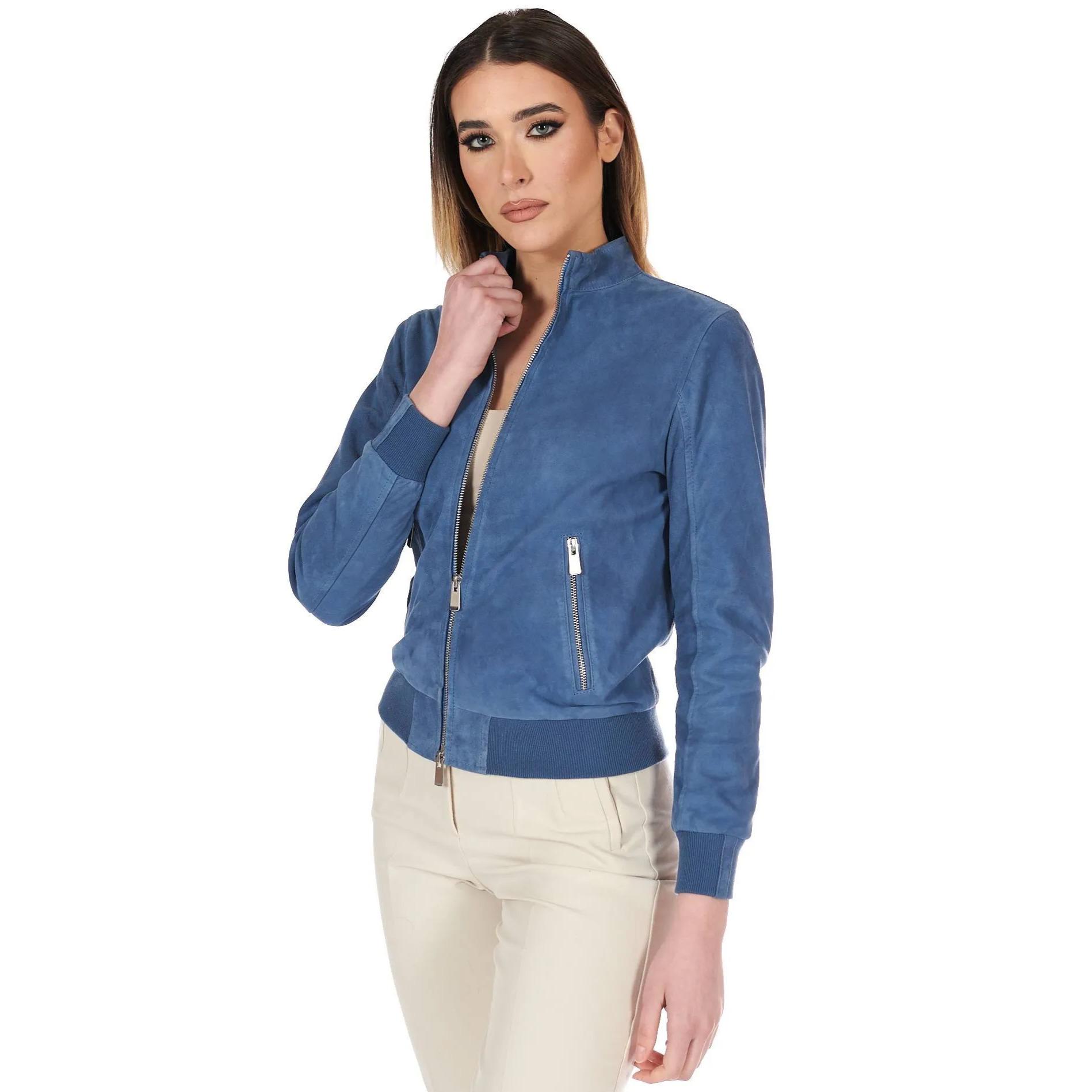 Bomber in pelle camoscio blu denim colletto coreana