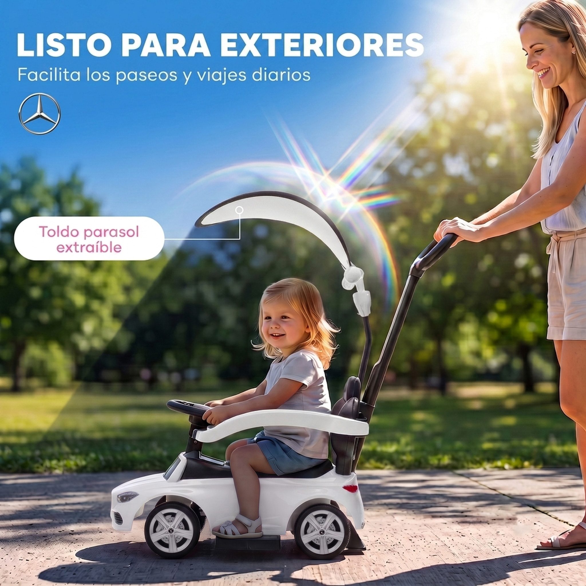 Correpasillos para Bebés 3 en 1 Mercedes-Benz, Coche Correpasillos con Barra de Empuje, Capota Extraíble, Barandilla de Seguridad, Claxon, Música, Almacenaje Bajo Asiento, 12-36 Meses, Blanco