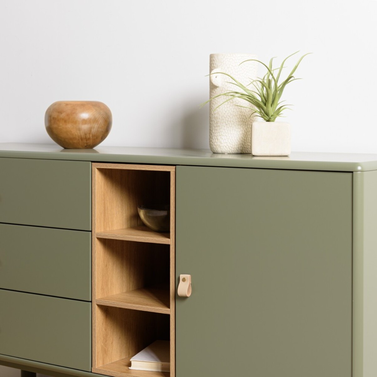 ETHAN - Buffet 1 porte 3 tiroirs 3 niches bois naturel vert