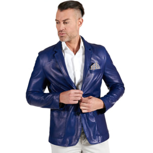 Blazer in pelle naturale bluette con taschino e fazzoletto