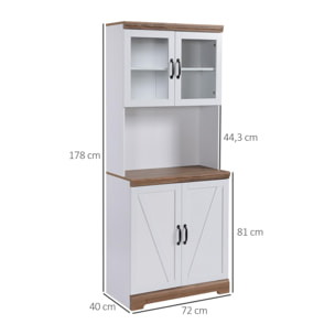 Aparador Alacena de Cocina Mueble Auxiliar con 2 Puertas de Vidrio Baldas Ajustables Estante Abierto y Armario para Comedor Salón Antivuelco 72x40x178 cm Blanco