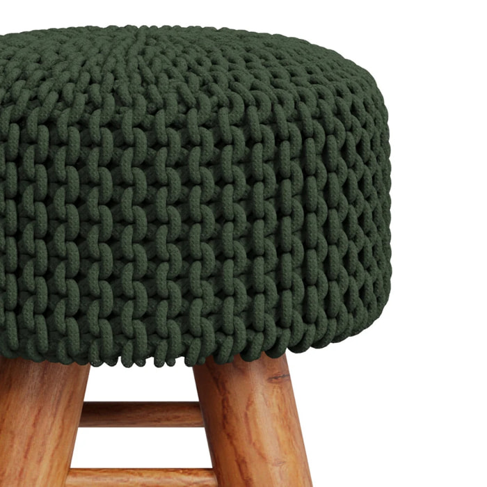 Petit tabouret tricot en coton vert kaki - Lisa
