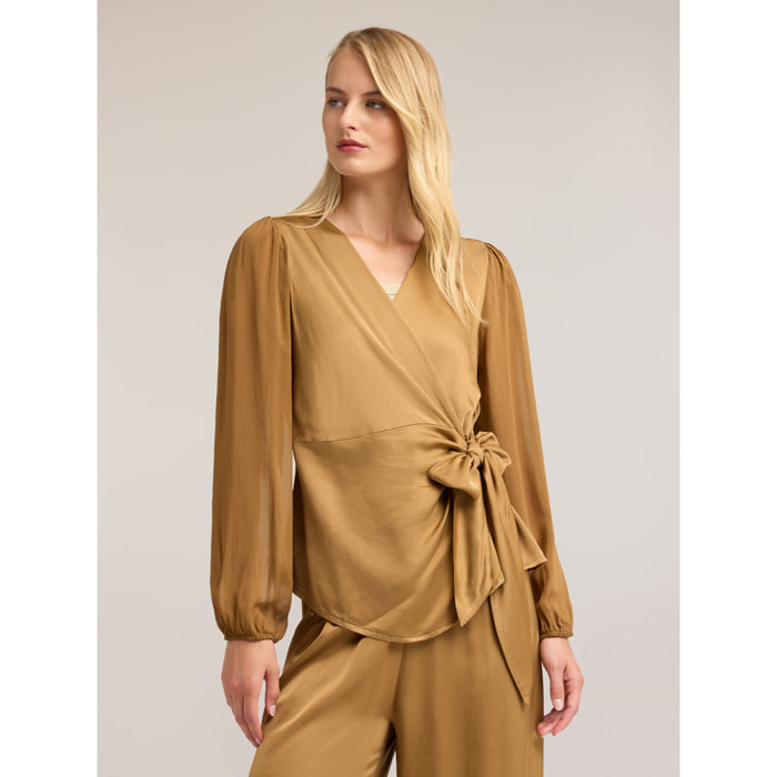 Motivi - Blusa de raso con escote en V y lazo - Beige