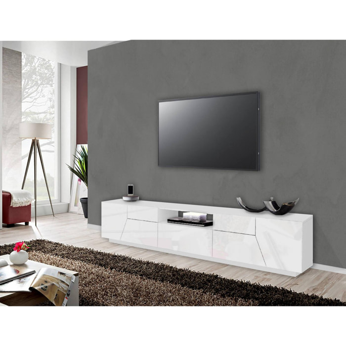 Mobile da soggiorno Porta TV, Made in Italy, Supporto per TV da salotto a 4 ante geometriche e 1 cassetto, Cm 220x43h46, Bianco lucido