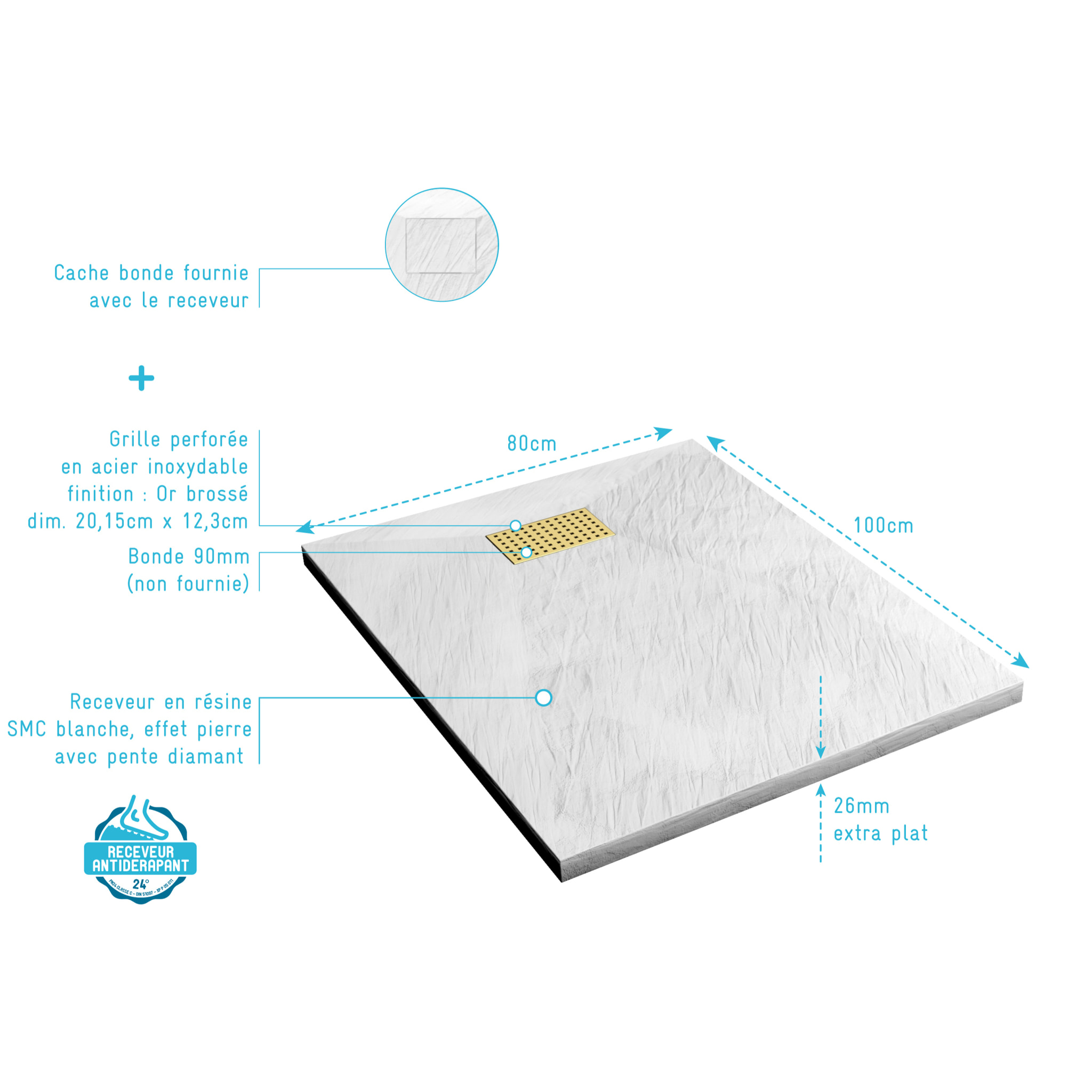 Receveur de douche Blanc Effet Pierre 80x100 cm et Grille décor Perforée Or Doré Brossé