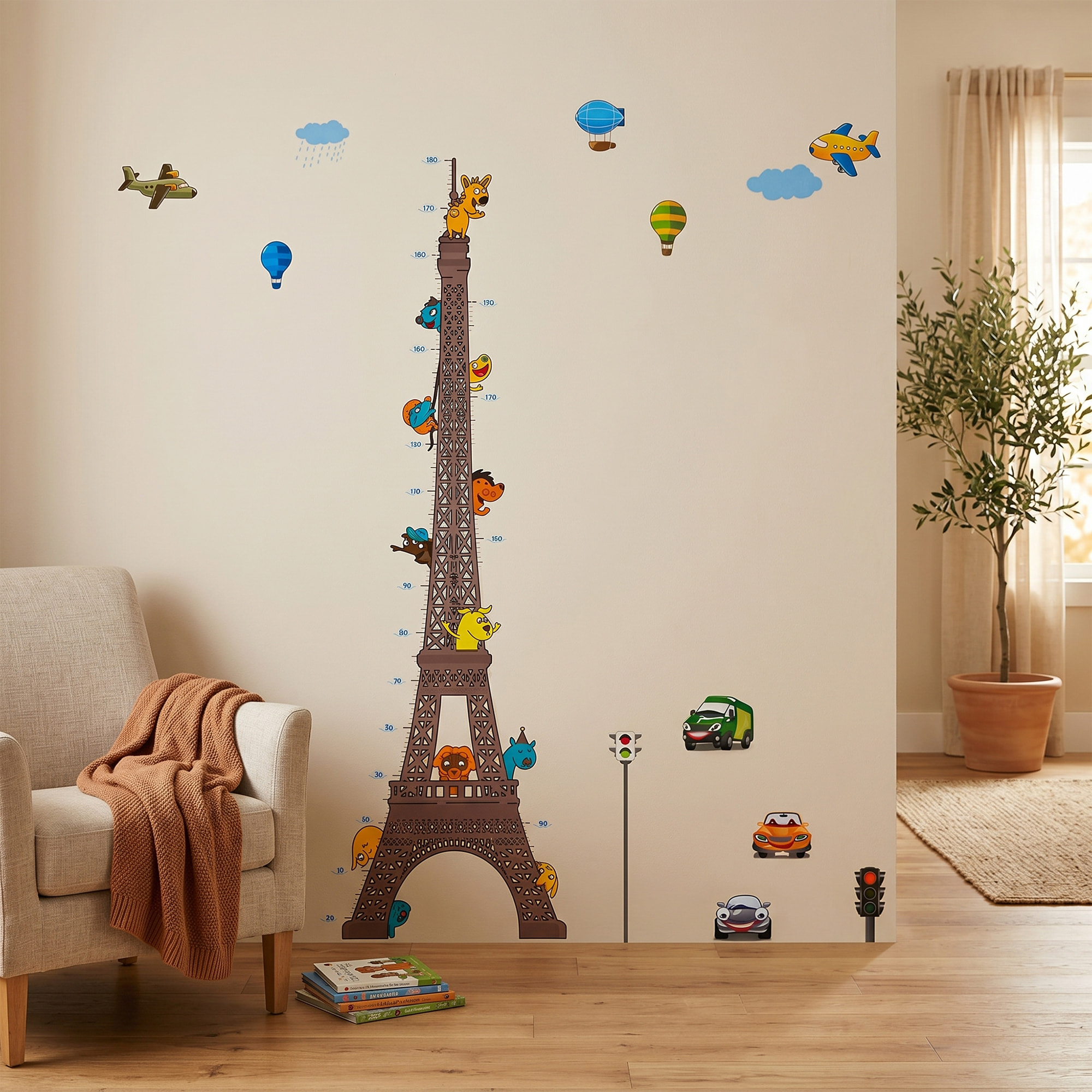 Stickers Muraux décoration adhésifs toise Tour Eiffel pour enfants avec animaux et avions