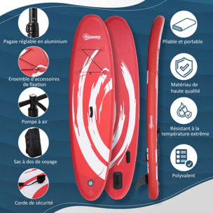 Stand up paddle gonflable surf planche de paddle pour adulte dim. 300L x 76l x 15H cm nombreux accessoires fournis PVC blanc rouge