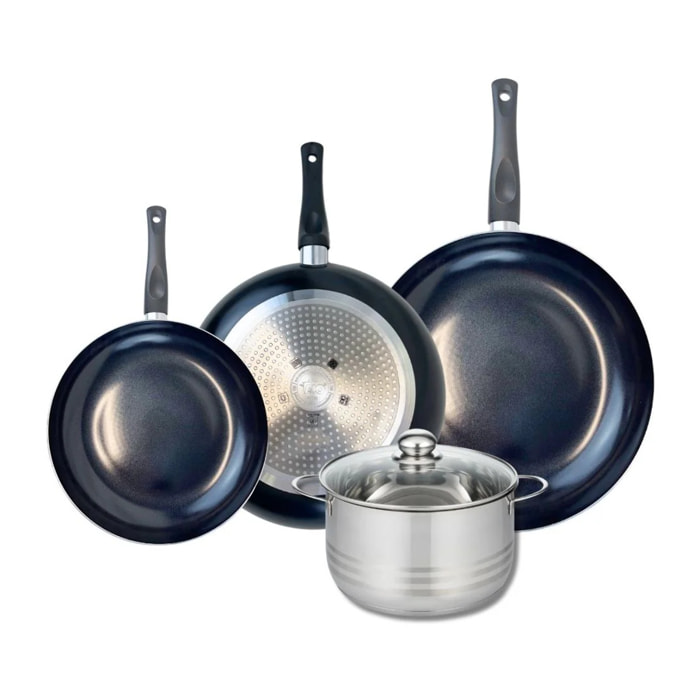 Ensemble de 3 Poêles de cuisson 24, 28 et 32 cm et 1 faitout 20 cm Elo Prima Brillant