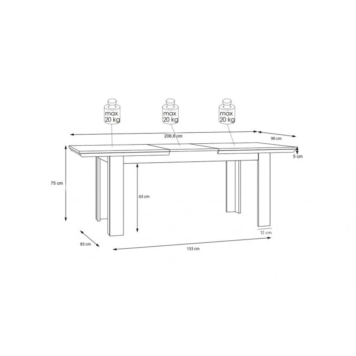Table de repas extensible 160/206cm en bois effet chêne blanchi - ILONA