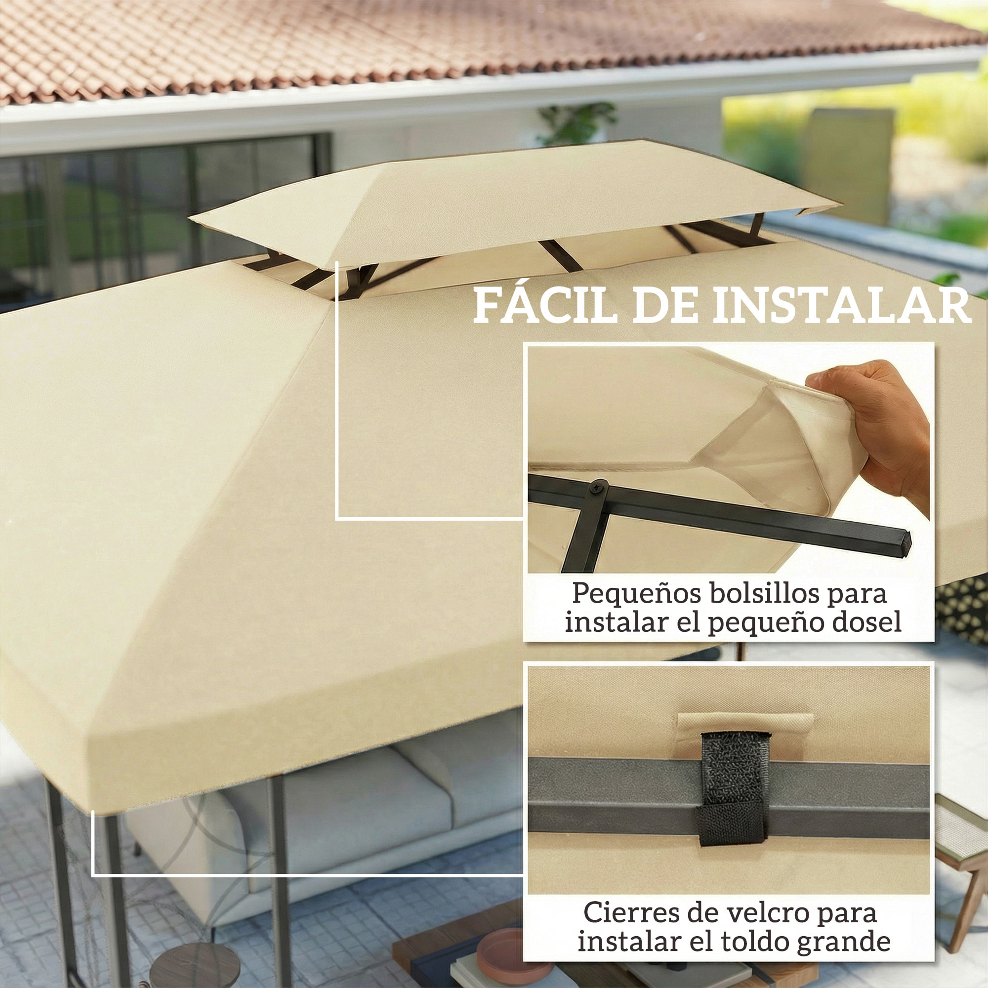 Techo de Repuesto para Cenador, 4x3 m, Cubierta de Repuesto con Techo Doble, 10 Orificios de Drenaje y Protección UV, SOLO Toldo de Recambio para Pabellón Gazebo, Blanco Crema
