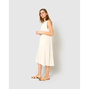 Vestido midi cuello drapeado algodón lino  natural