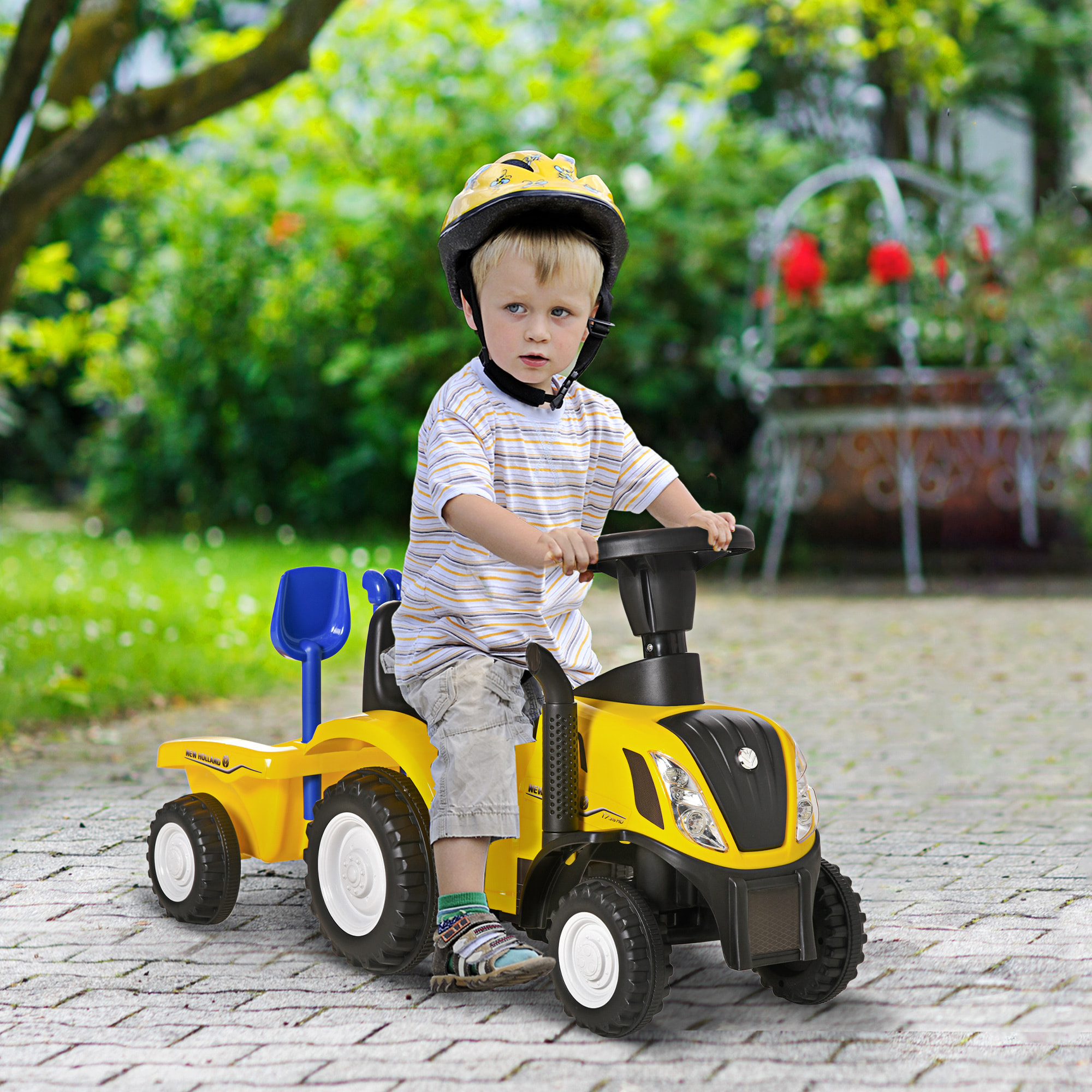 Tractor sin Pedales para Niños de 12-36 Meses con Remolque Extraíble Coche Correpasillos con Bocina Faros Pala Asiento de Suelo 25 cm y Rastrillo Carga 25 kg 91x29x44 cm Amarillo