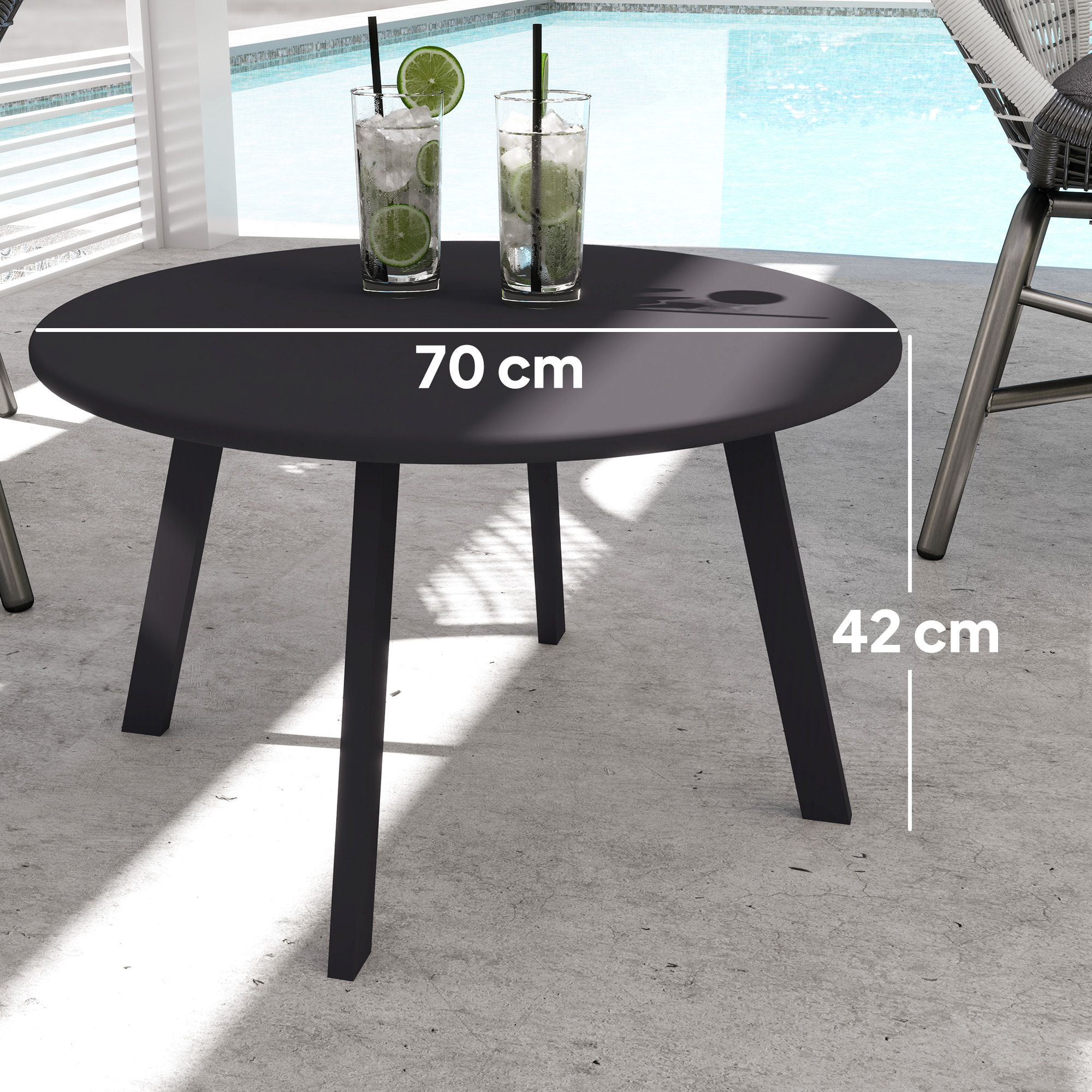 Mesa de Centro de Jardín Redonda de Metal Mesa Auxiliar con Bordes Redondeados Patas Antideslizantes Mesa de Café para Patio Balcón Salón Negro