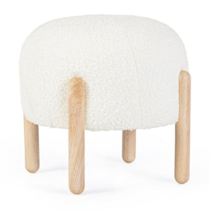 Pouf DAYLA in tessuto bianco effetto bouclé e gambe in legno rubber wood