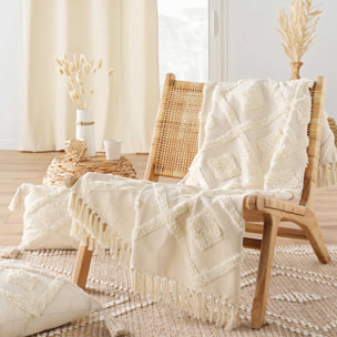 Plaid bohème tufté avec franges - Blanc cassé