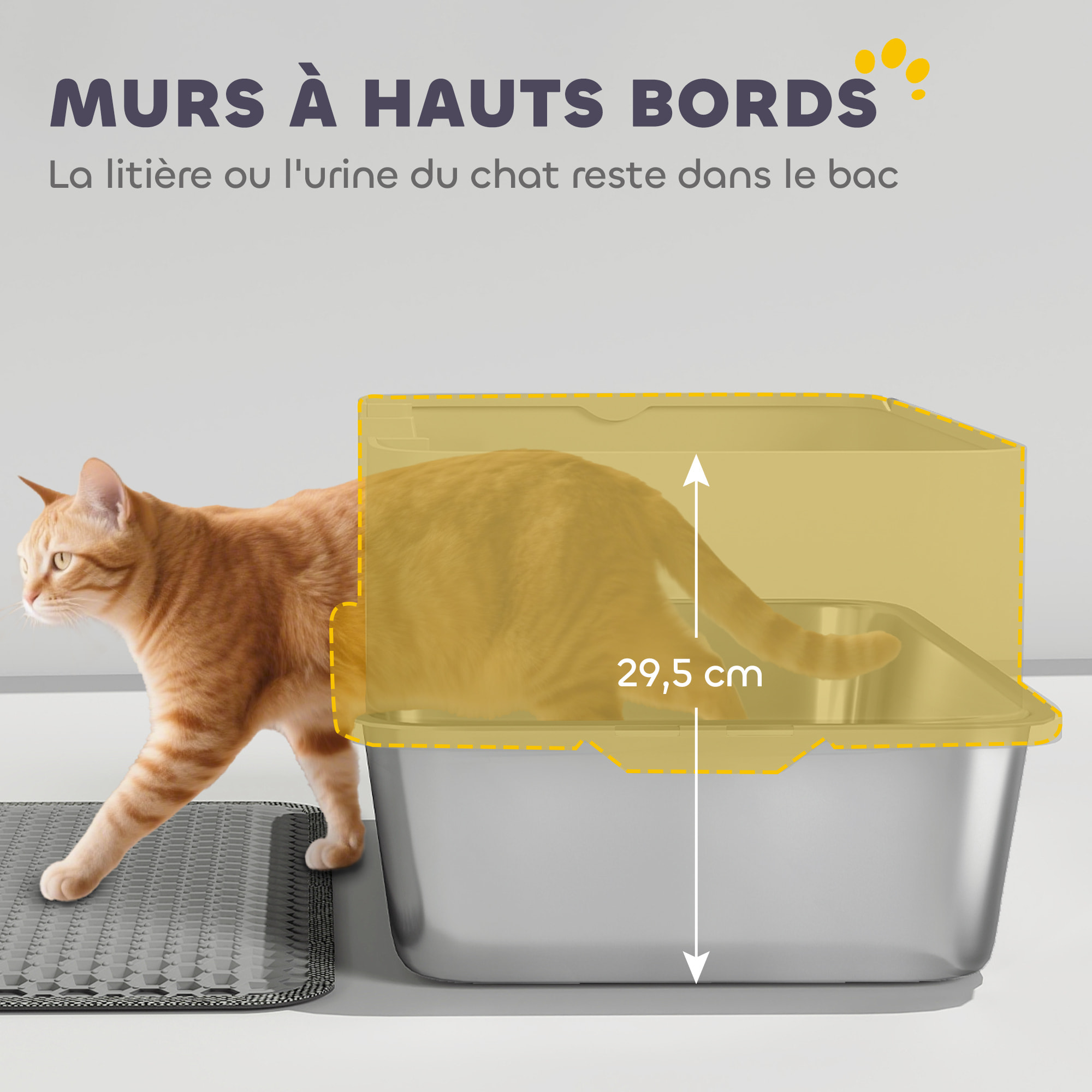 Maison de toilette XL bac litière acier inox tapis pelle gris clair