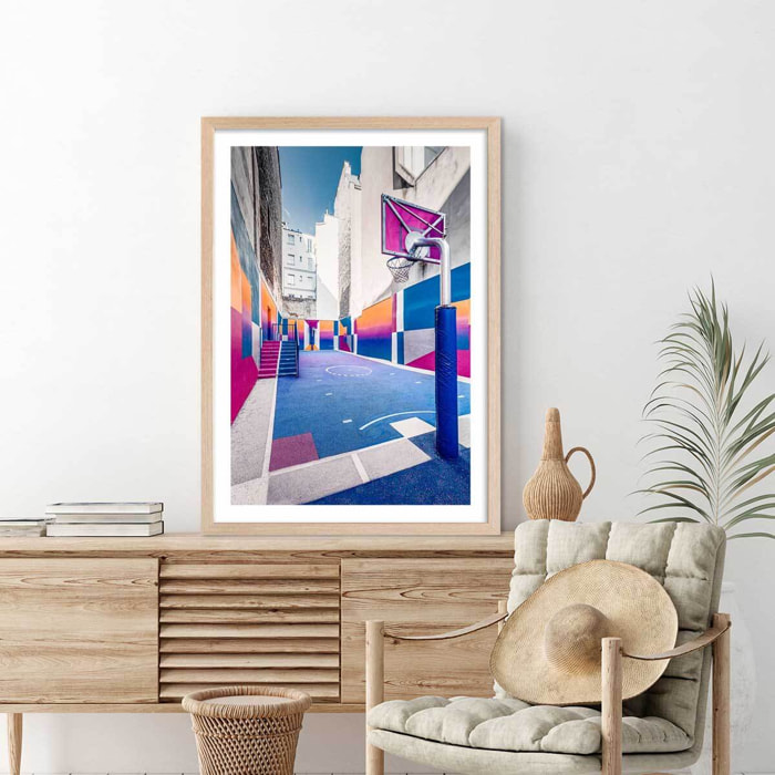 Affiche urbaine city park bleu Affiche + cadre en bois - Chêne