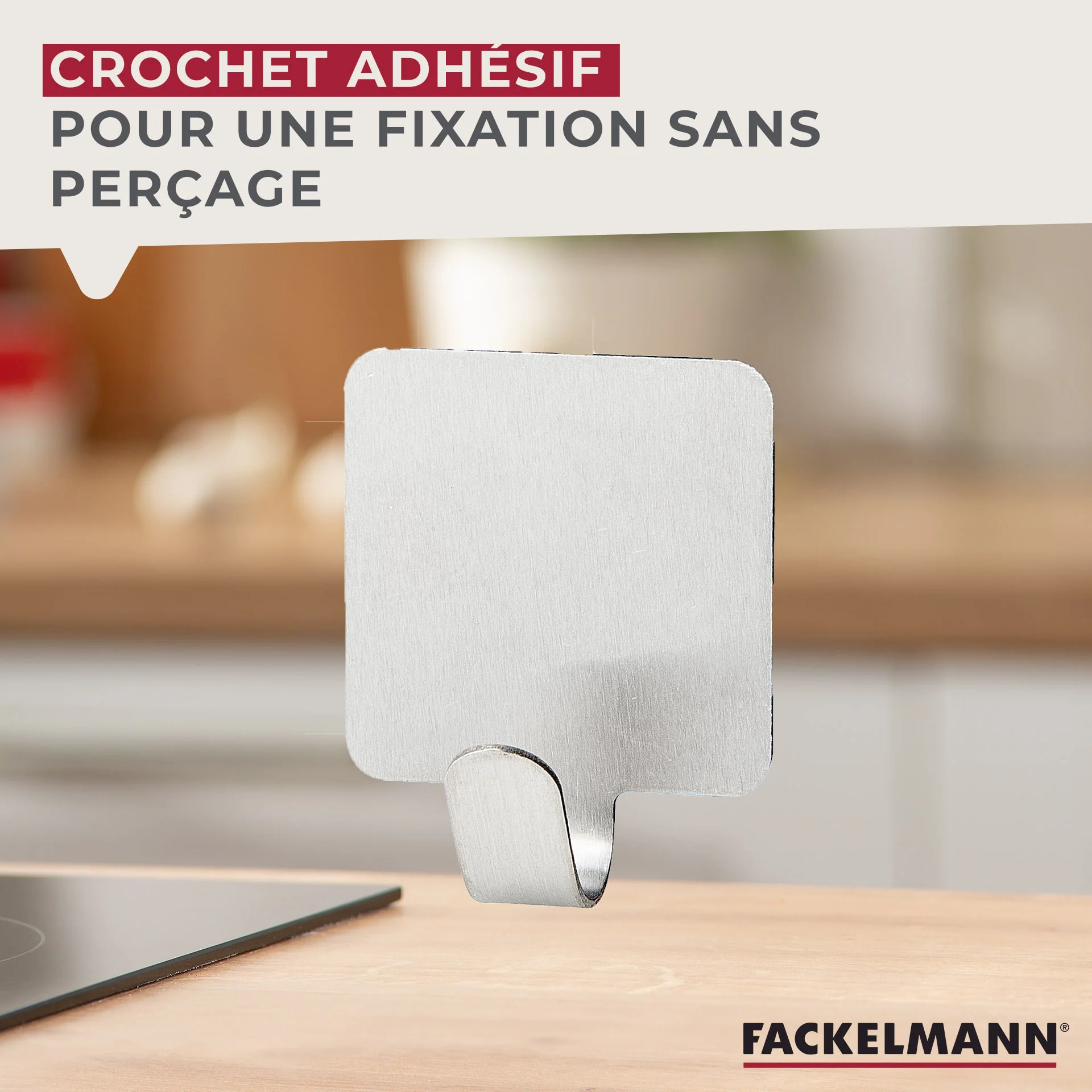 Lot de 3 crochets adhésifs carrés en acier inoxydable Fackelmann Tecno