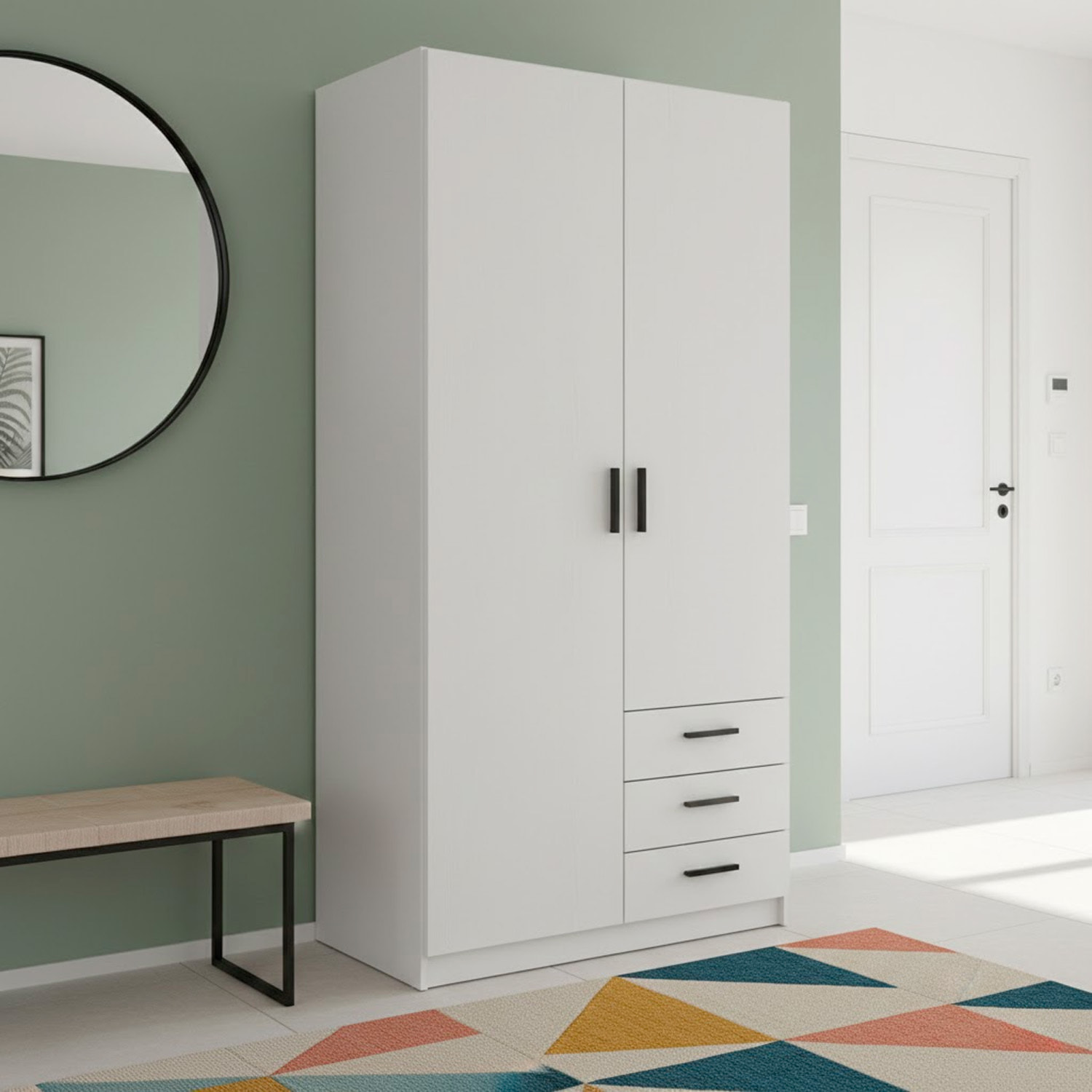 Armadio Con 2 Ante E 3 Cassetti Armadietto Multiuso Con Barra Appendiabiti E 4 Ripiani Di Cui 2 Regolabili Design Moderno 98.5x49.8x200.4 Cm Bianco