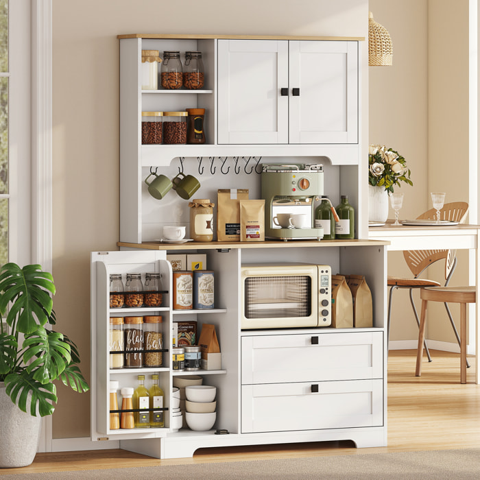 Alacena de Cocina, Mueble Auxiliar de Cocina con 3 Puertas, 2 Cajones, 3 Estantes en la Puerta, 8 Ganchos, Encimera Amplia para Microondas, Estantes Ajustables, Orificios para Cables, Blanco