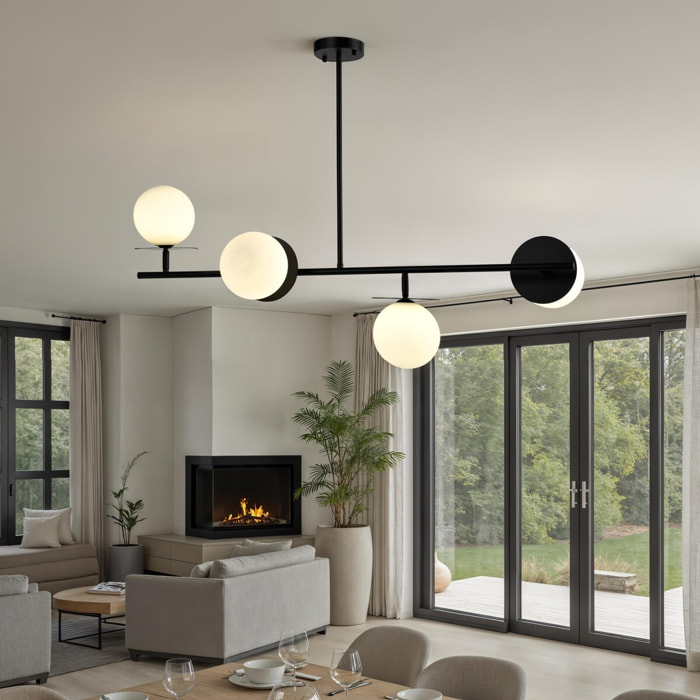 Lustre Tomasucci SLEEK, verre blanc mat et acier noir mat, 4 lumières, 106 × 45 × 123 cm