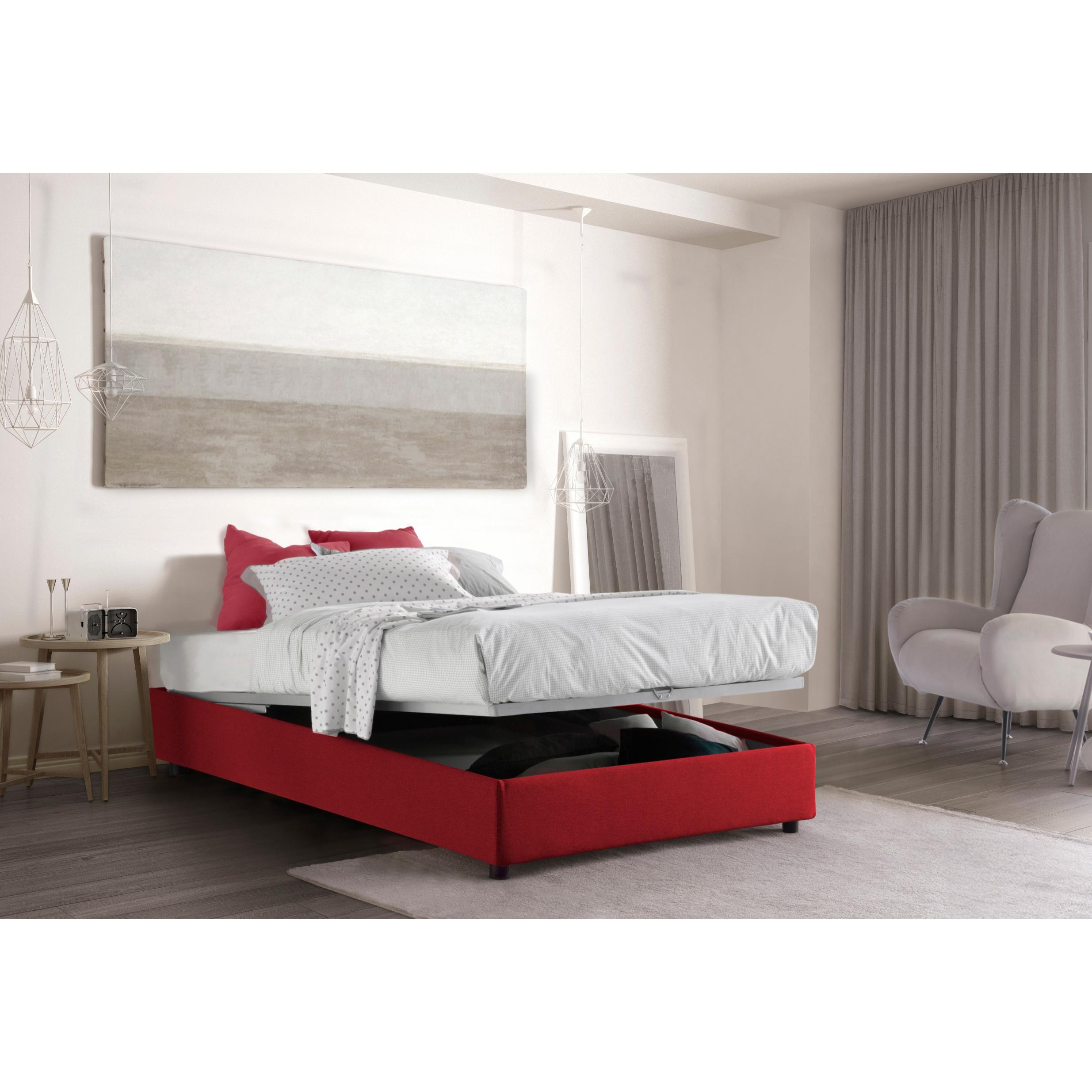 Letto piazza e mezza Chiara, Letto contenitore con rivestimento in tessuto, 100% Made in Italy, Apertura frontale, con materasso Cm 120x190 incluso, Rosso