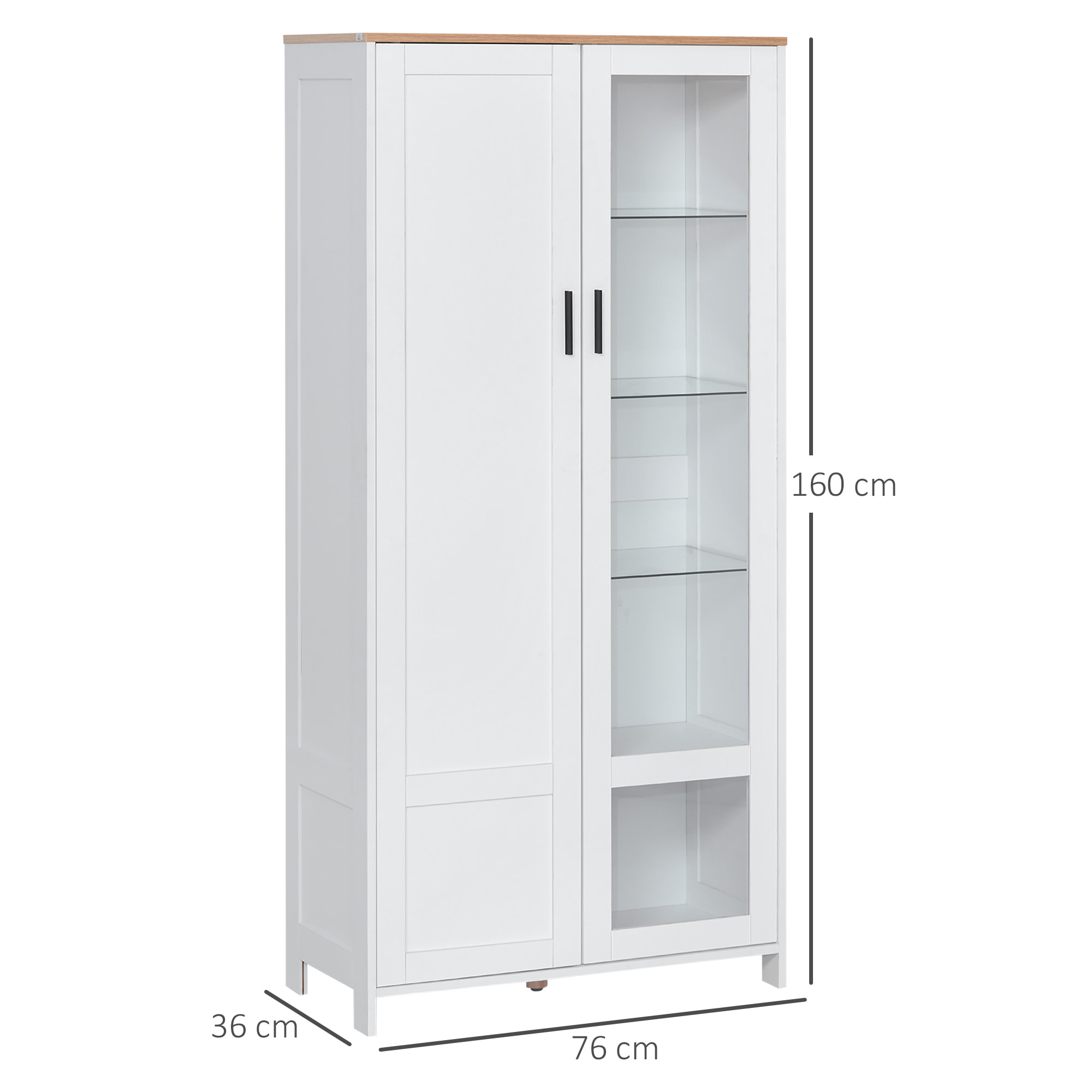 Alacena de Cocina Mueble Auxiliar de Cocina con Puerta de Vidrio Estantes Ajustables y Patas Elevadas para Salón Comedor 76x36x160 cm Blanco