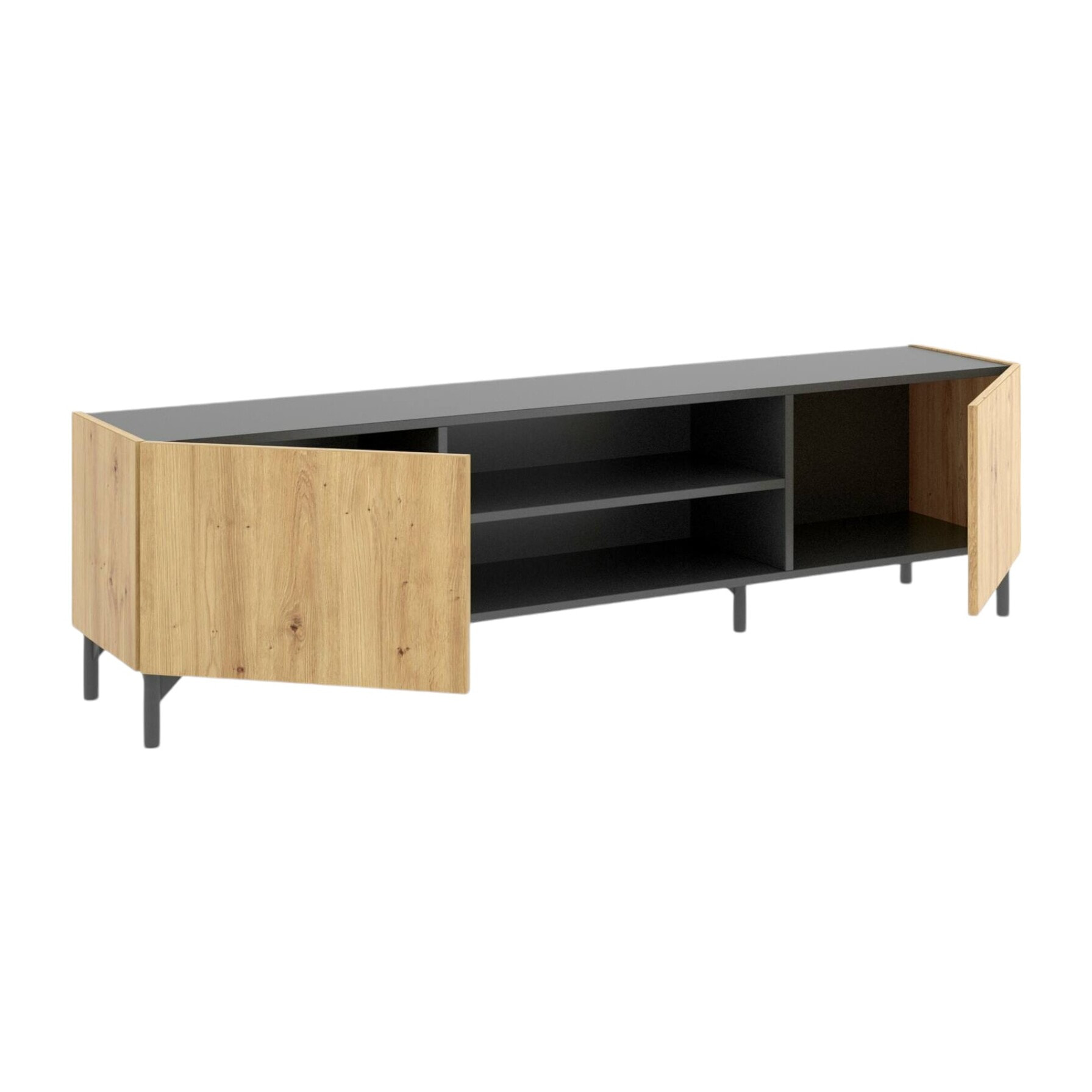 Mobile porta TV Emet, Credenza bassa da soggiorno, Madia da salotto per televisione, 161x35h45 cm, Rovere Nodi e Antracite