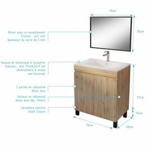 Meuble de salle de bains 70cm TIMBER Décor Chêne Naturel à Portes Vasque Blanche et Miroir 70x50