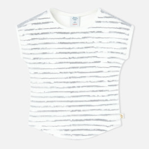 Camiseta elástica niña, estampado de rayas, blanco