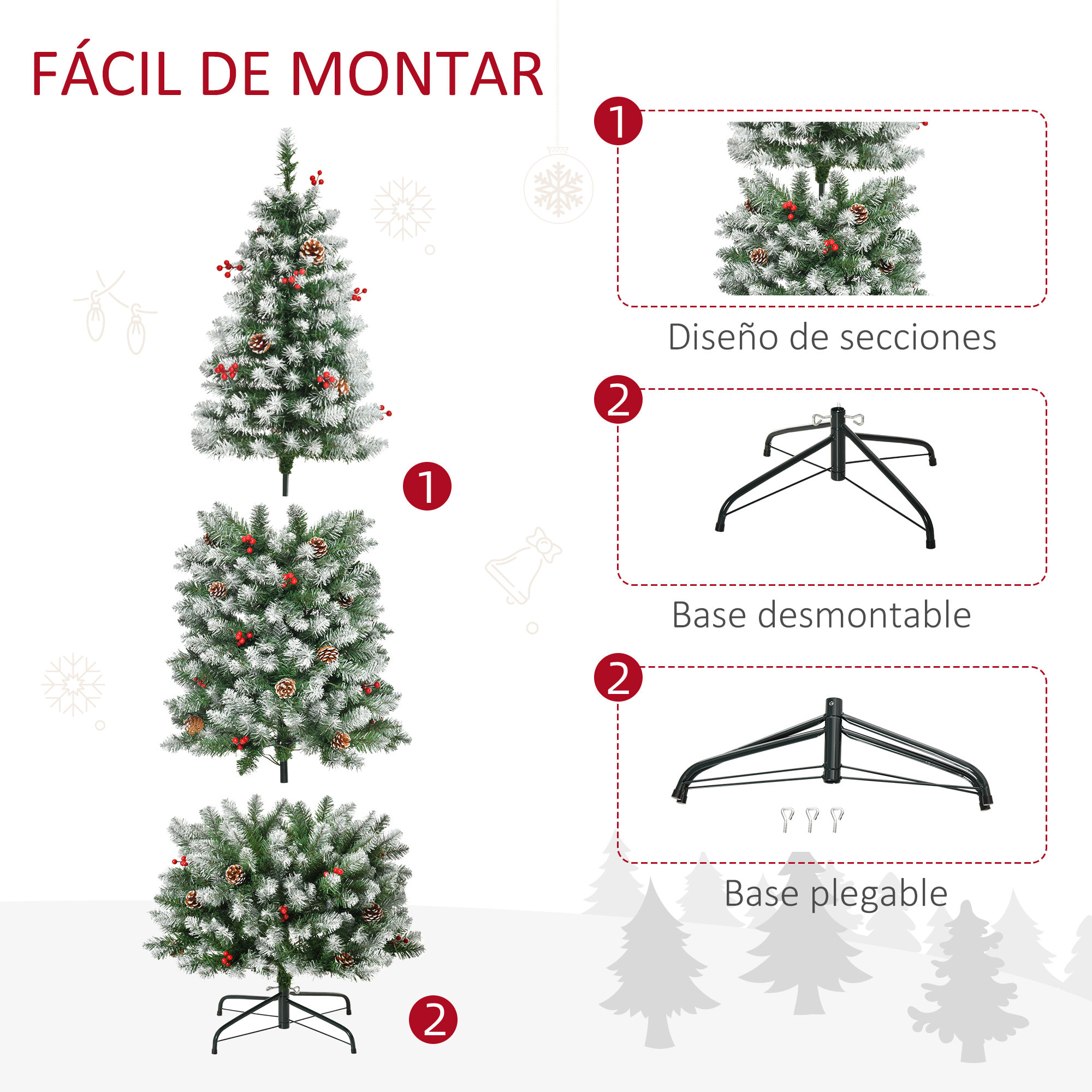 árbol de Navidad Nevado Artificial 180 cm con 300 Luces LED Blanco Cálido 618 Ramas Ignífugas de PVC Decoraciones Incluidas y Base Plegable Ø65x180 cm Verde