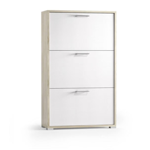 Scarpiera Peonia, Mobile multiuso da ingresso con 3 ante a ribalta, Armadietto portascarpe a doppia profondità, 100% Made in Italy, Cm 67x28h112, Bianco e Olmo